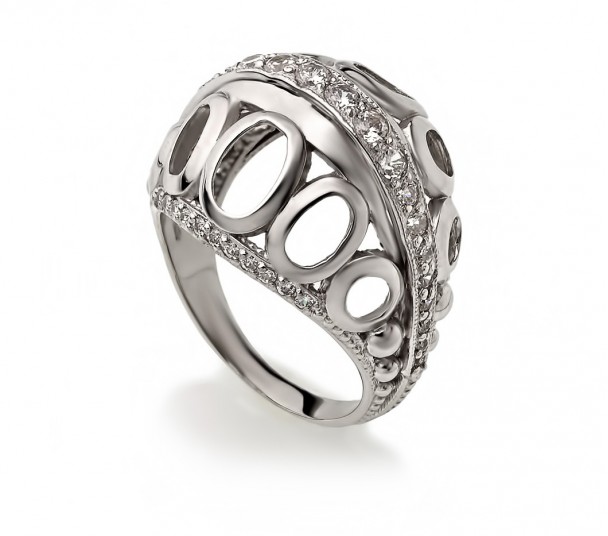 Серебряное кольцо с агатом / бирюзой и фианитом. Артикул 369622С - Фото  1