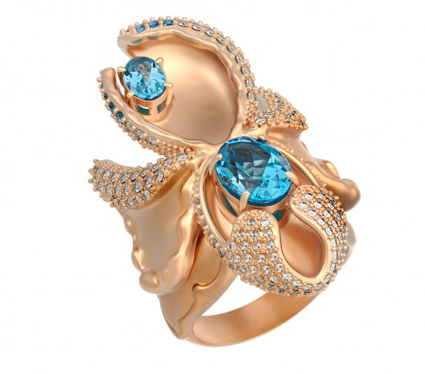 Золотое кольцо с голубым топазом и фианитами. Артикул 371778  размер 18 - Фото 1