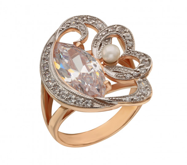 Золотое кольцо с жемчугом и фианитами. Артикул 320847  размер 18 - Фото 1