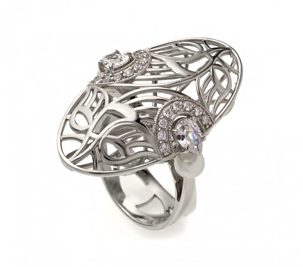 Серебряное кольцо с жемчугом и фианитами. Артикул 320956С - Фото  1