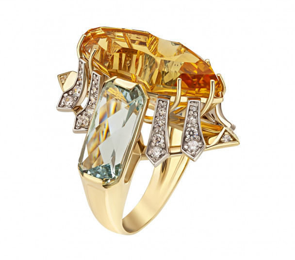Золотое кольцо с аметистом, агатом и фианитами. Артикул 370760М - Фото  1