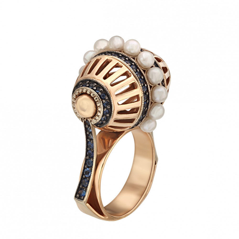 Золотое кольцо с сапфирами и жемчугом. Артикул 372631  размер 16.5 - Фото 2