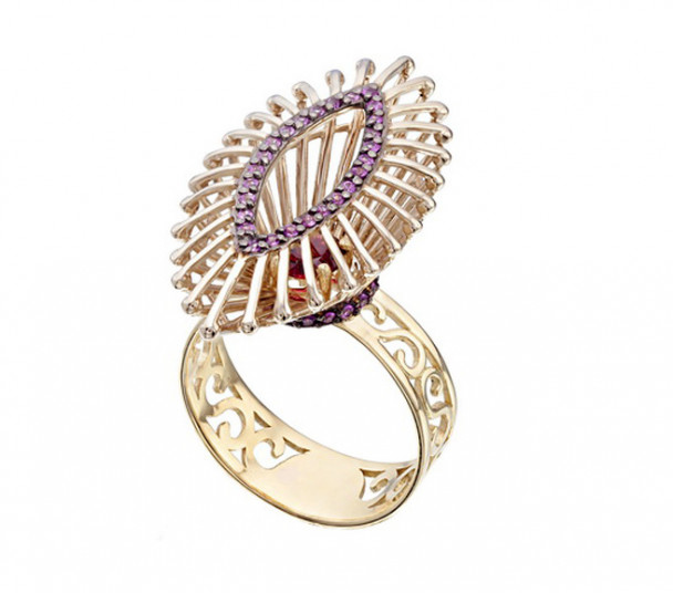 Золотое кольцо с радолитом и сапфирами. Артикул 370654  размер 17 - Фото 1