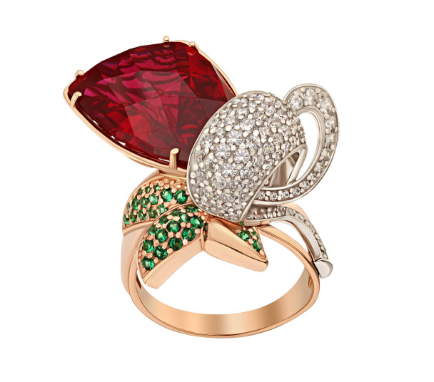 Золотое кольцо с рубином и фианитами. Артикул 375801  размер 18 - Фото 1