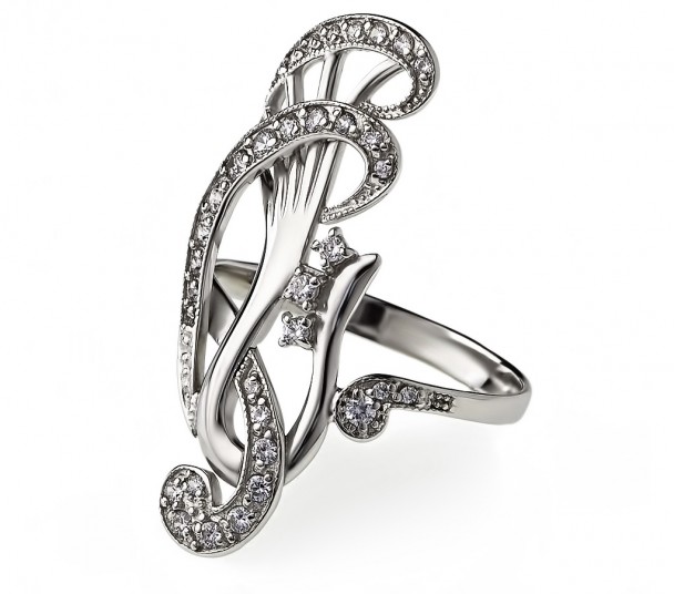Серебряное кольцо с нанокристаллами, жемчугом и фианитами. Артикул 380191С - Фото  1