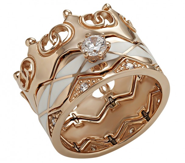 Золотое кольцо-корона с фианитами и эмалью. Артикул 330096Е  размер 18.5 - Фото 1