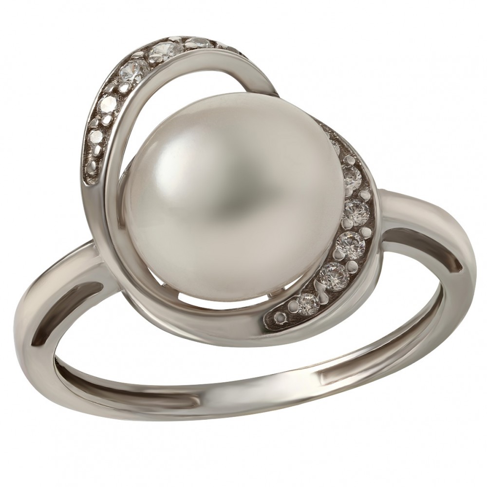 Серебряное кольцо с жемчугом и фианитами. Артикул 380352С  размер 16 - Фото 3
