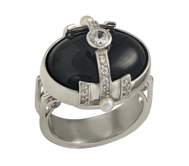 Серебряное кольцо с агатом, жемчугом и фианитами. Артикул 379614С  размер 17.5 - Фото 1