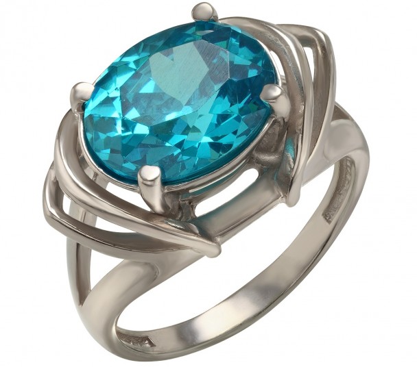 Серебряное кольцо с голубым топазом и фианитами. Артикул 371686С - Фото  1