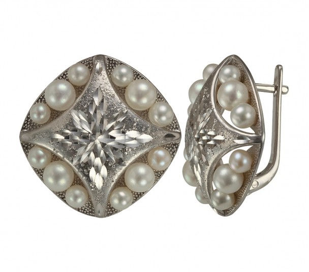 Серебряные серьги с жемчугом и фианитами. Артикул 420735С - Фото  1