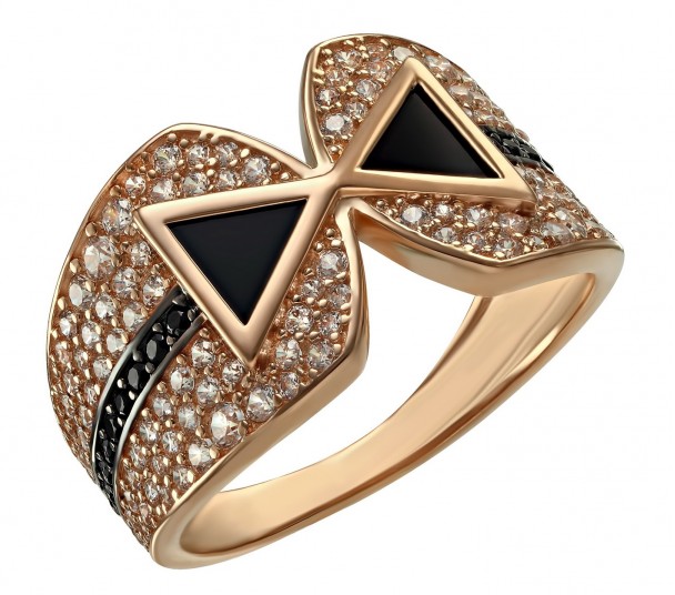 Золотое кольцо с агатом и фианитами. Артикул 369595  размер 17 - Фото 1
