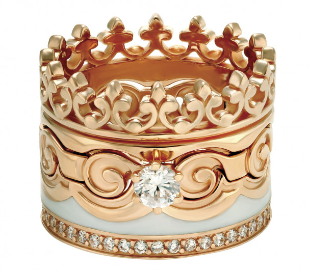 Золотое кольцо-корона с фианитами и эмалью. Артикул 330091Е  размер 18 - Фото 1