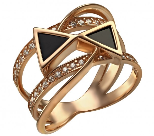 Золотое кольцо с фианитами и эмалью. Артикул 380663Е - Фото  1