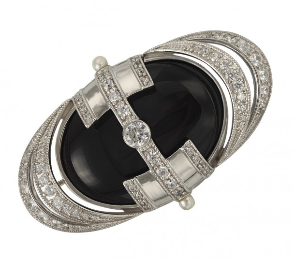 Серебряное кольцо с агатом и фианитами. Артикул 369553С - Фото  1