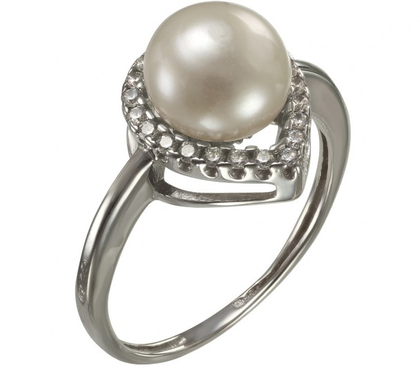 Серебряное кольцо с жемчугом и фианитами. Артикул 380355С  размер 17.5 - Фото 1