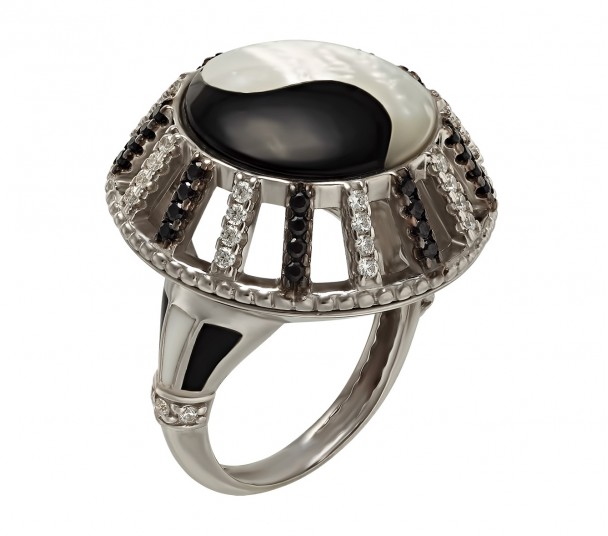 Серебряное кольцо с агатом и фианитами. Артикул 379728С - Фото  1