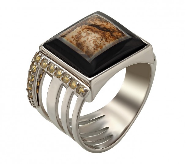 Серебряное кольцо с агатом и фианитами. Артикул 379728С  размер 20 - Фото 1