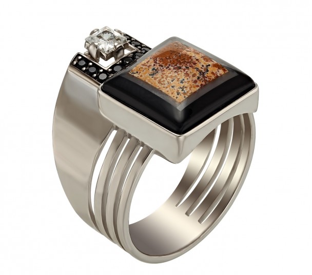 Серебряное кольцо с агатом и фианитами. Артикул 379731С  размер 18 - Фото 1