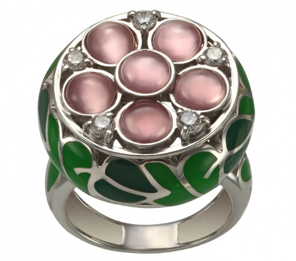 Серебряное кольцо с фианитами, улекситами и эмалью. Артикул 330662А  размер 19 - Фото 1