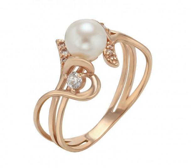 Золотое кольцо с жемчугом и фианитами. Артикул 380207  размер 18 - Фото 1