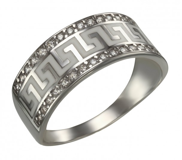 Серебряное кольцо с жемчугом и фианитами. Артикул 380228С - Фото  1
