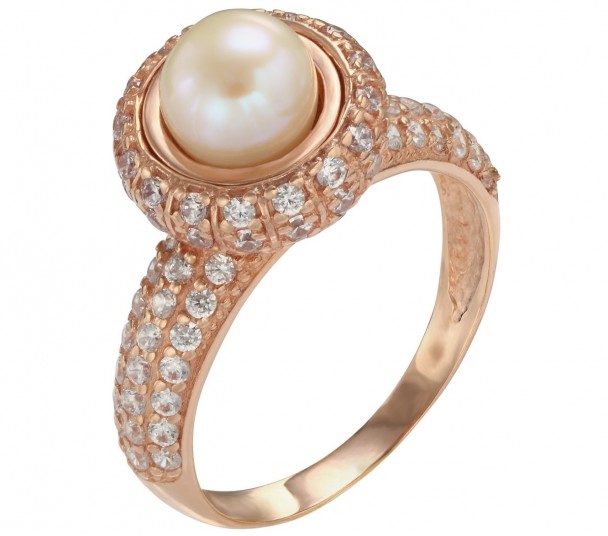 Золотое кольцо с жемчугом и фианитами. Артикул 330977  размер 18.5 - Фото 1