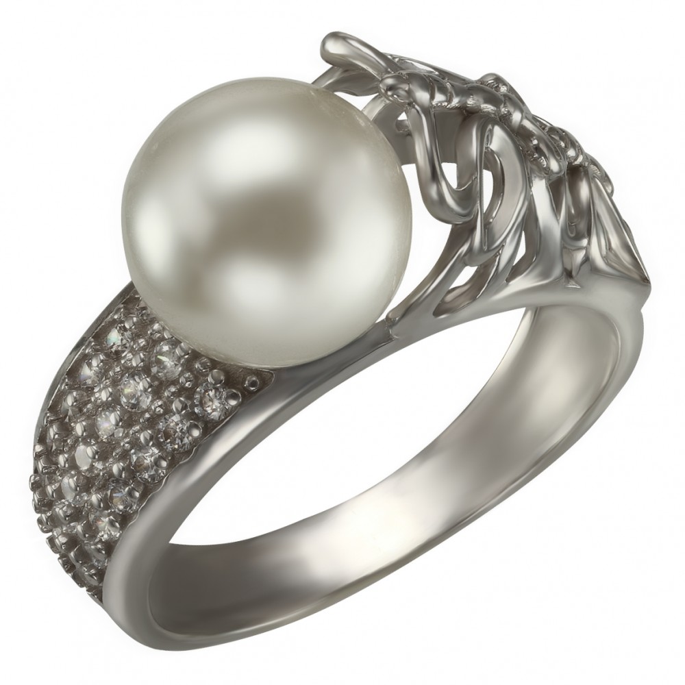 Серебряное кольцо с жемчугом и фианитами. Артикул 380189С  размер 16 - Фото 2