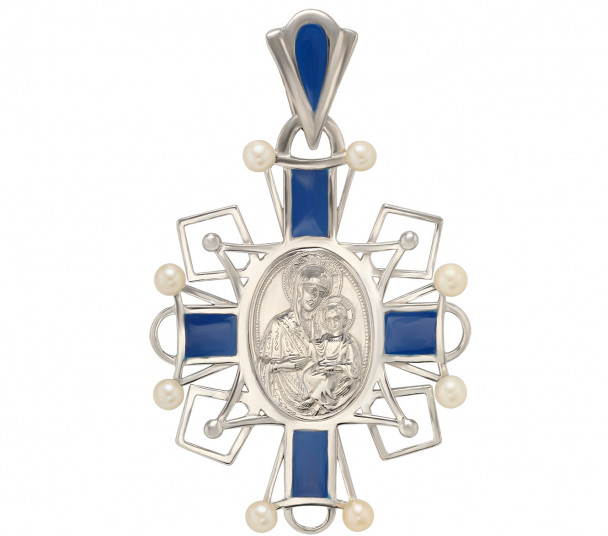 Серебряная ладанка "Иверская икона Божией Матери" с жемчугом и эмалью. Артикул 160197А  - Фото 1