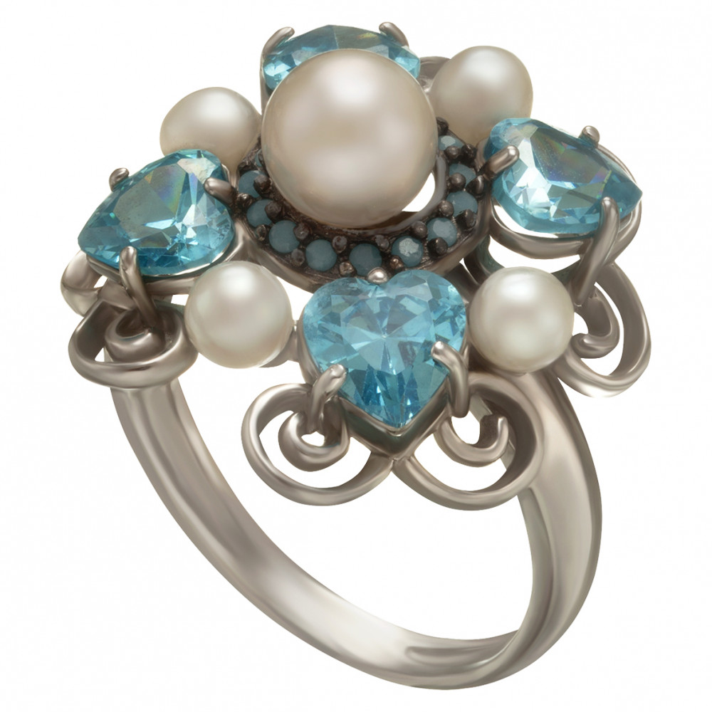 Серебряное кольцо с жемчугом, фианитами и нанокристаллами. Артикул 380192С  размер 20 - Фото 2