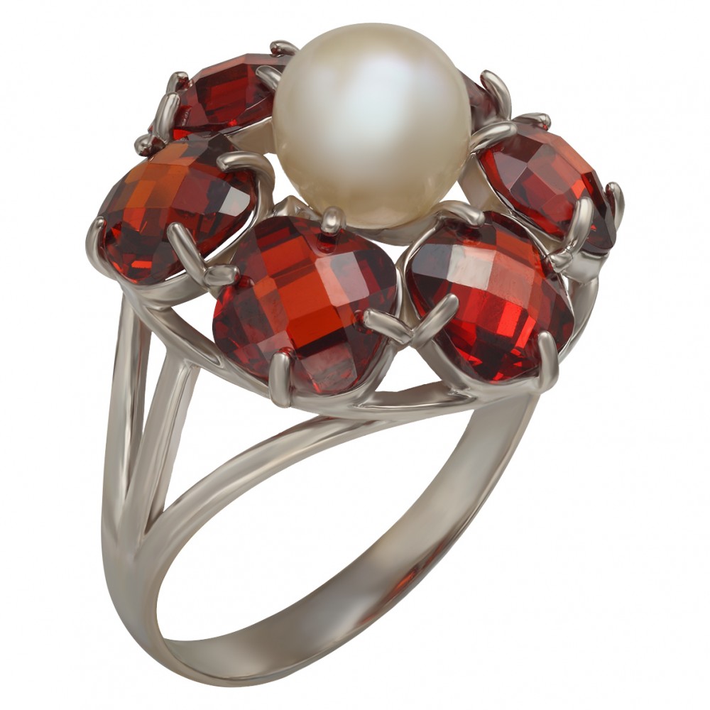 Серебряное кольцо с жемчугом и фианитами. Артикул 380078С  размер 17 - Фото 4