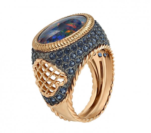 Золотое кольцо с голубым топазом и фианитами. Артикул 371635 - Фото  1