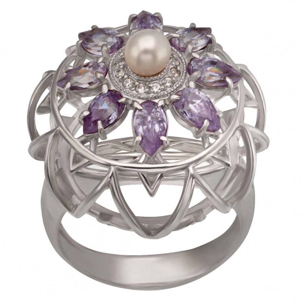 Серебряное кольцо с жемчугом и фианитами. Артикул 320851С  размер 18.5 - Фото 4