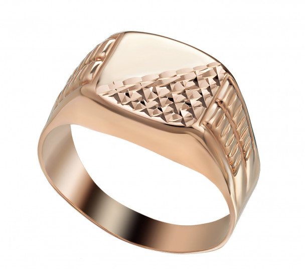 Перстень-печатка из красного золота с алмазной гранью. Артикул 391083  размер 19 - Фото 1