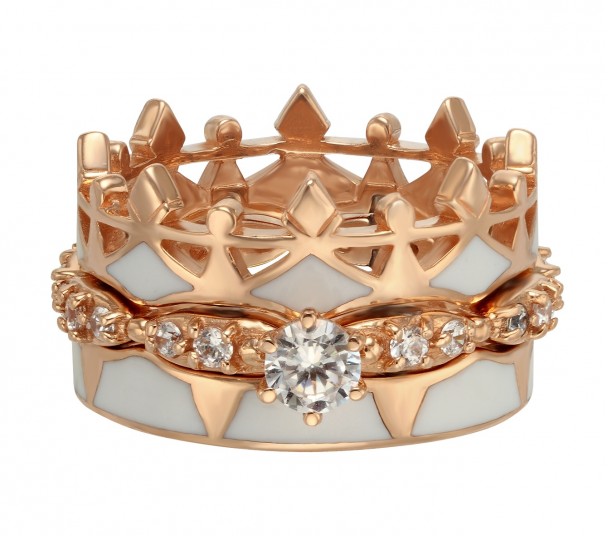 Золотое кольцо-корона с фианитами и эмалью. Артикул 330084Е  размер 18 - Фото 1