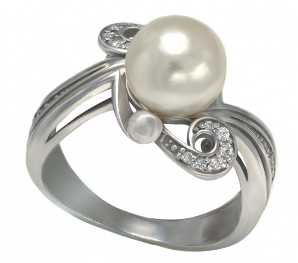 Серебряное кольцо с хризолитом, жемчугом и фианитами. Артикул 366482С - Фото  1