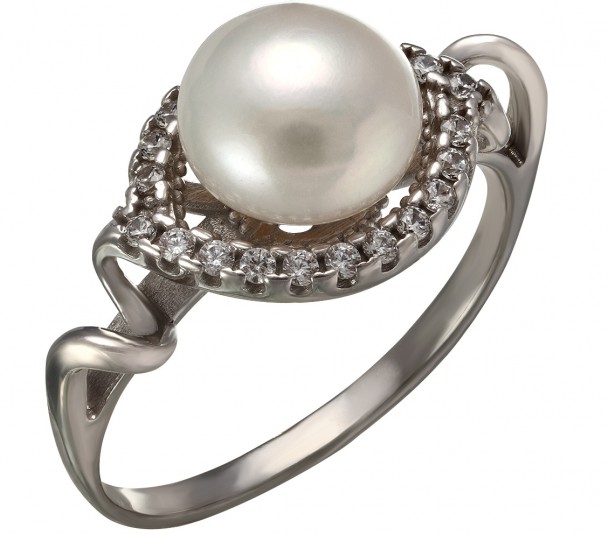 Серебряное кольцо с жемчугом и фианитами. Артикул 320847С - Фото  1