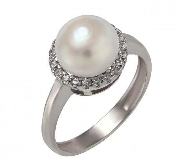 Серебряное кольцо с жемчугом и фианитами. Артикул 380365С - Фото  1