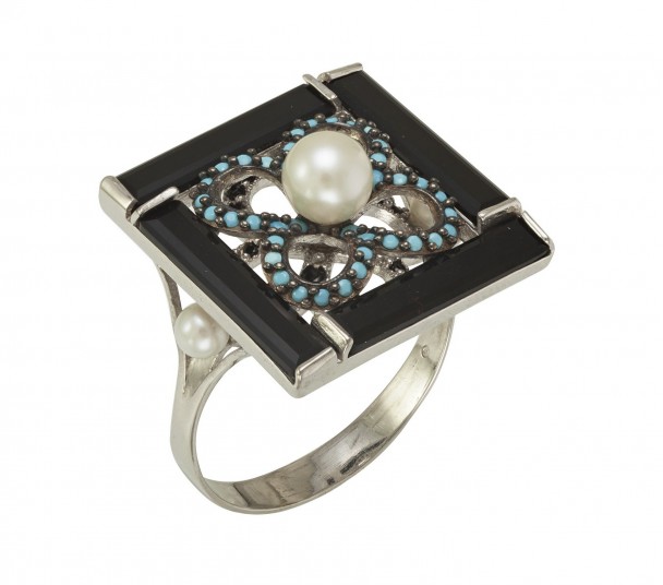 Серебряное кольцо с агатом и фианитами. Артикул 369577С - Фото  1