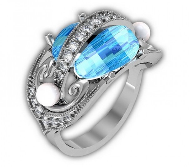 Серебряное кольцо с фианитами с эмалью. Артикул 380091А - Фото  1